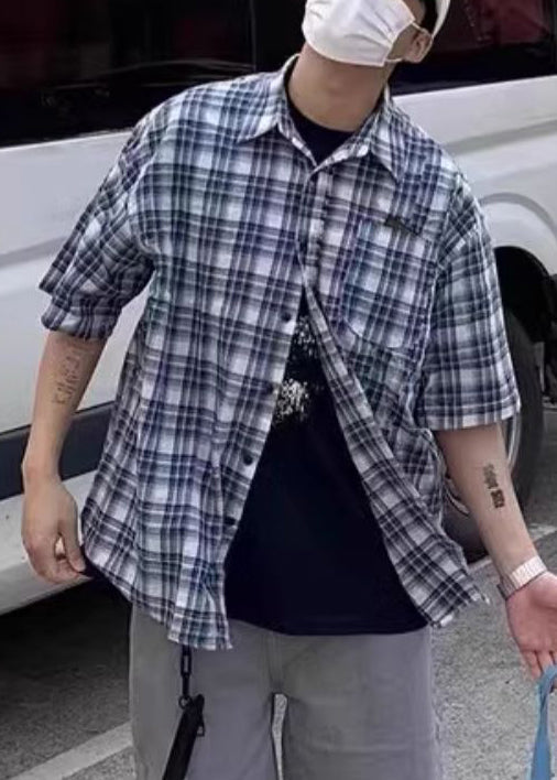 Loose Blue Plaid Button Cotton Shirts Summer
