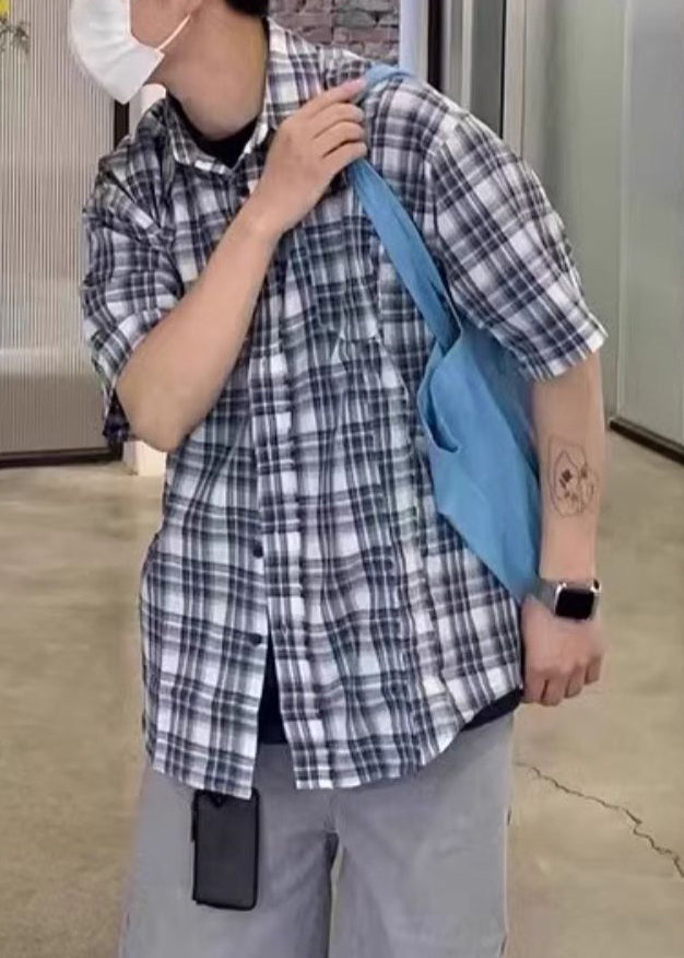 Loose Blue Plaid Button Cotton Shirts Summer