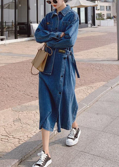 Loose Blue-blue Dot Pockets Button Asymmetrical Design Fall Denim Long Sleeve Long Dress