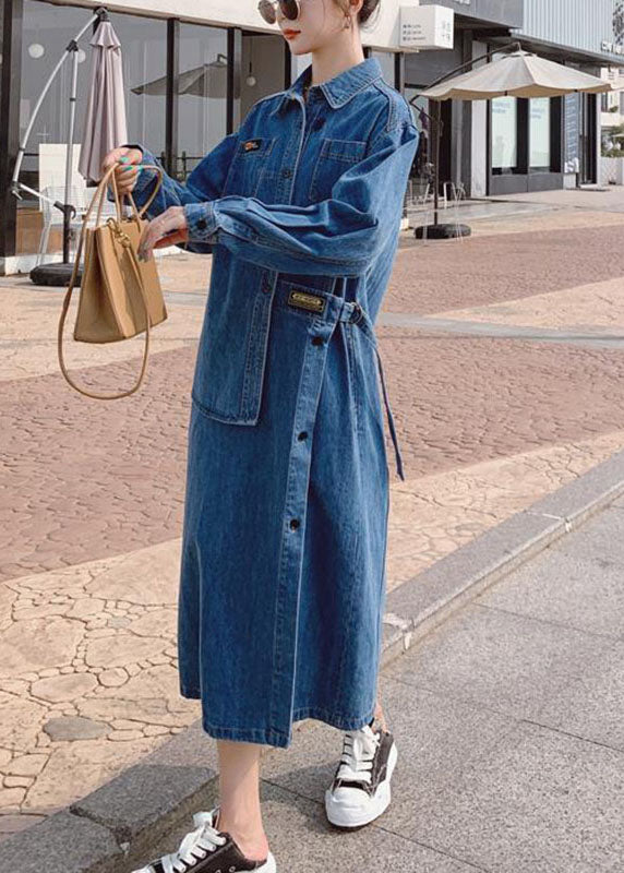 Loose Blue-blue Dot Pockets Button Asymmetrical Design Fall Denim Long Sleeve Long Dress