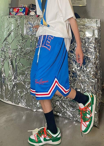Loose Blue Print Elastic Waist Basketball Shorts Summer