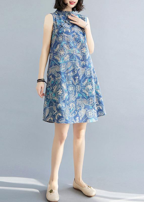 Loose Blue Print Oriental Summer Cotton Dress