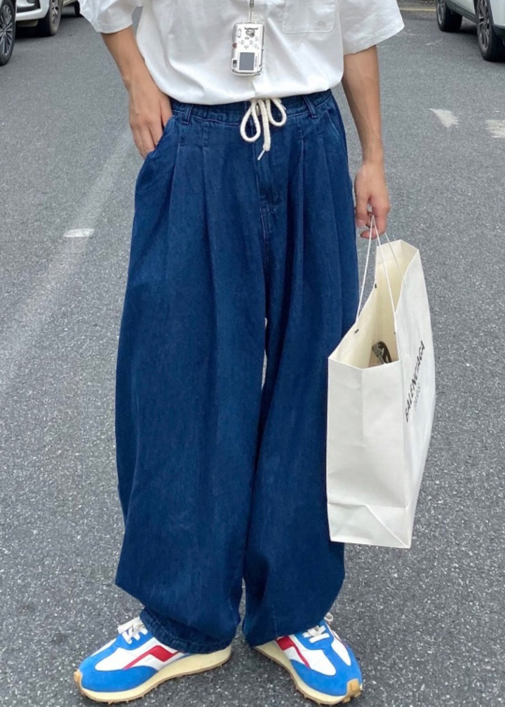 Loose Blue Elastic Waist Denim Pants Summer