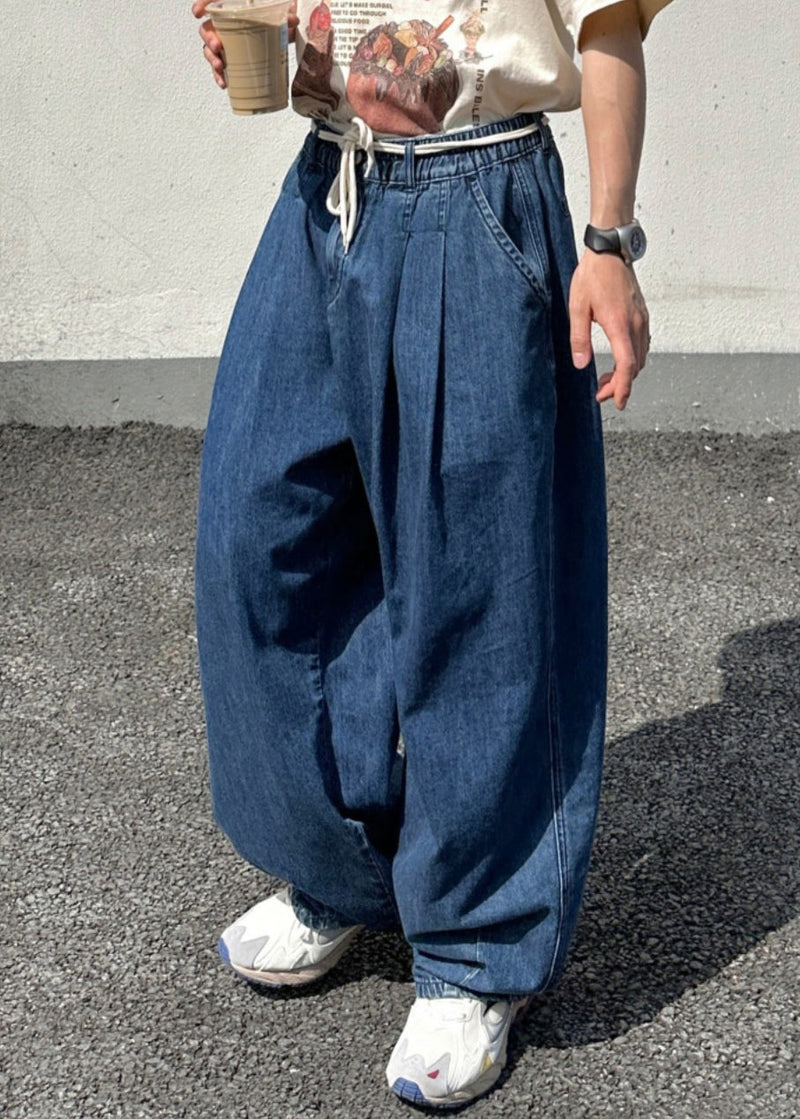 Loose Blue Elastic Waist Denim Pants Summer