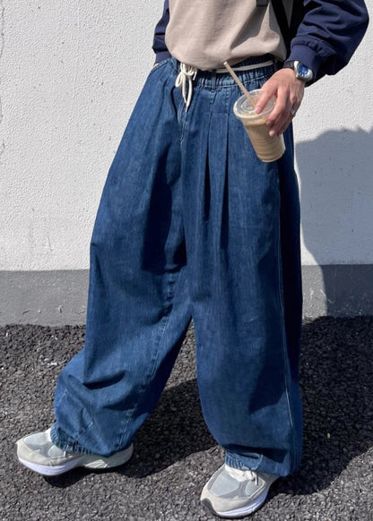 Loose Blue Elastic Waist Denim Pants Summer