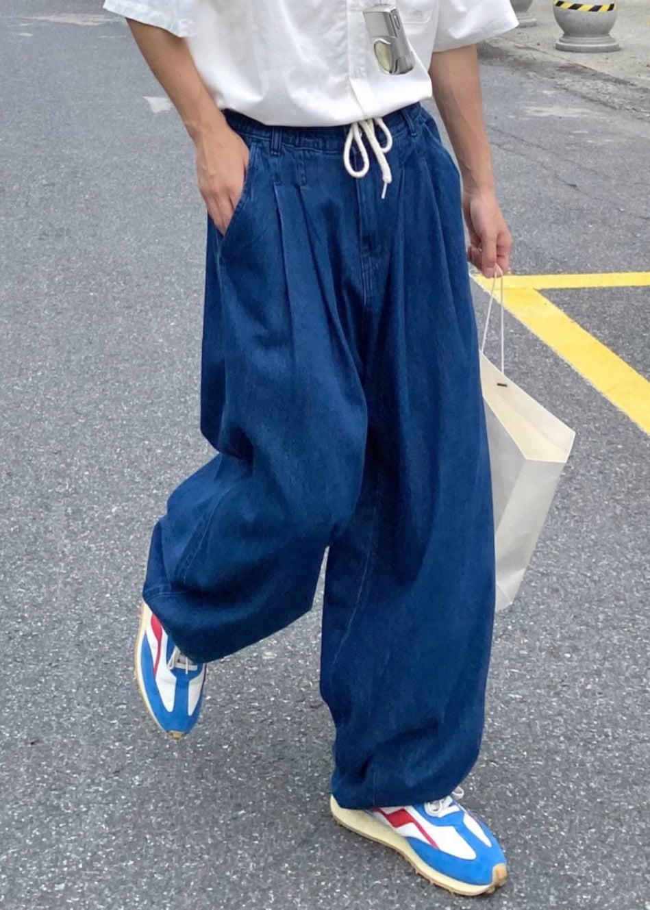 Loose Blue Elastic Waist Denim Pants Summer