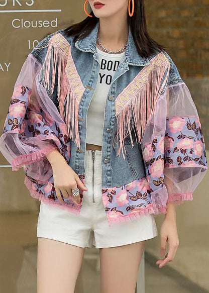 Loose Blue Tasseled Embroideried Ruffled Patchwork Denim Coat Lantern Sleeve