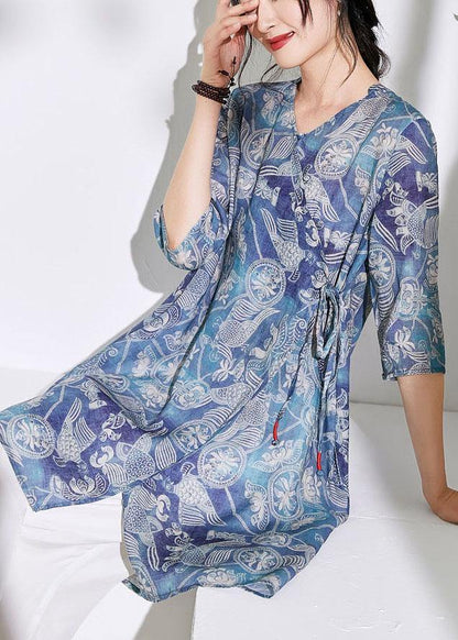 Loose Blue Tie Waist Print Summer Ramie Top