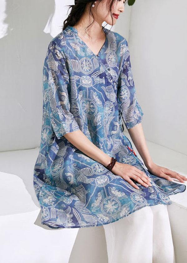 Loose Blue Tie Waist Print Summer Ramie Top