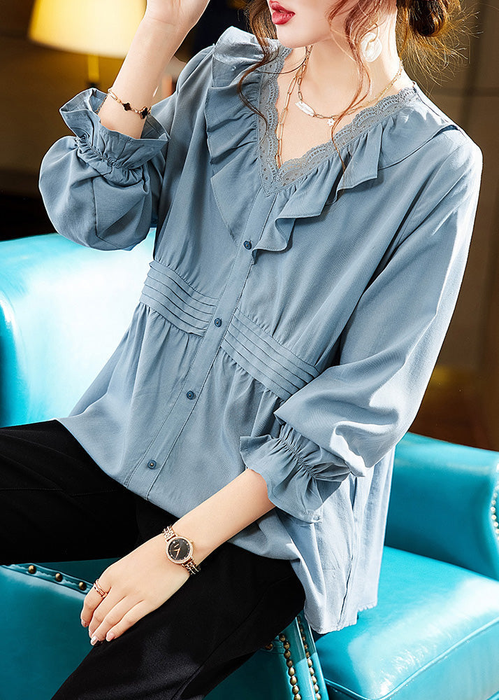 Loose Blue V Neck Button Tops Long Sleeve