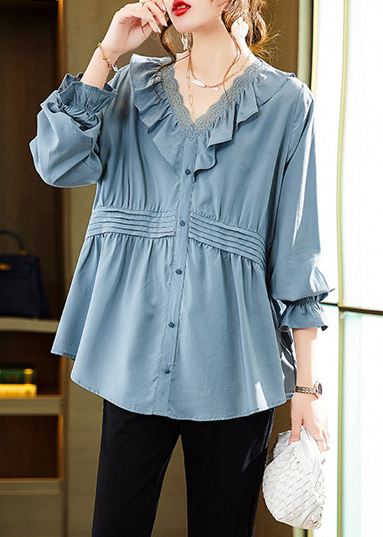 Loose Blue V Neck Button Tops Long Sleeve
