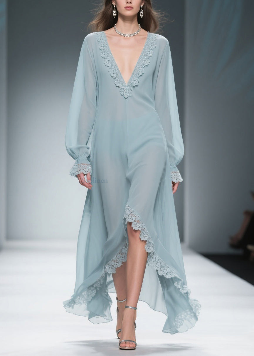 Loose Blue V Neck Lace Chiffon Dresses Flare Sleeve