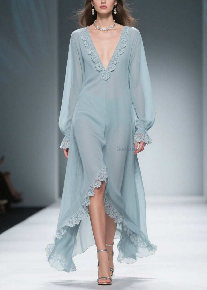 Loose Blue V Neck Lace Chiffon Dresses Flare Sleeve