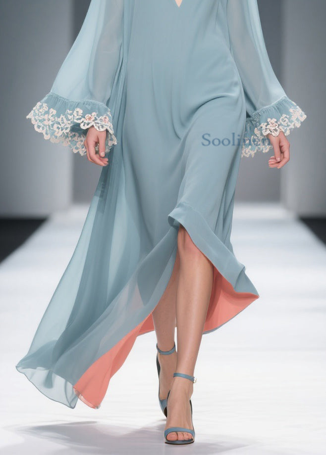 Loose Blue V Neck Chiffon Maxi Dresses Flare Sleeve