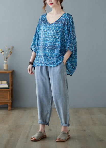 Loose Blue V Neck Low High Design Print Blouse Tops Half Sleeve