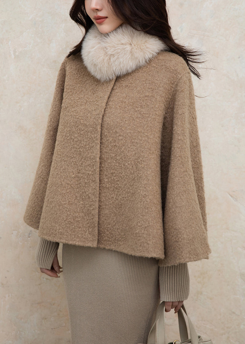 Loose Brown Fox Collar Button Woolen Coats Winter