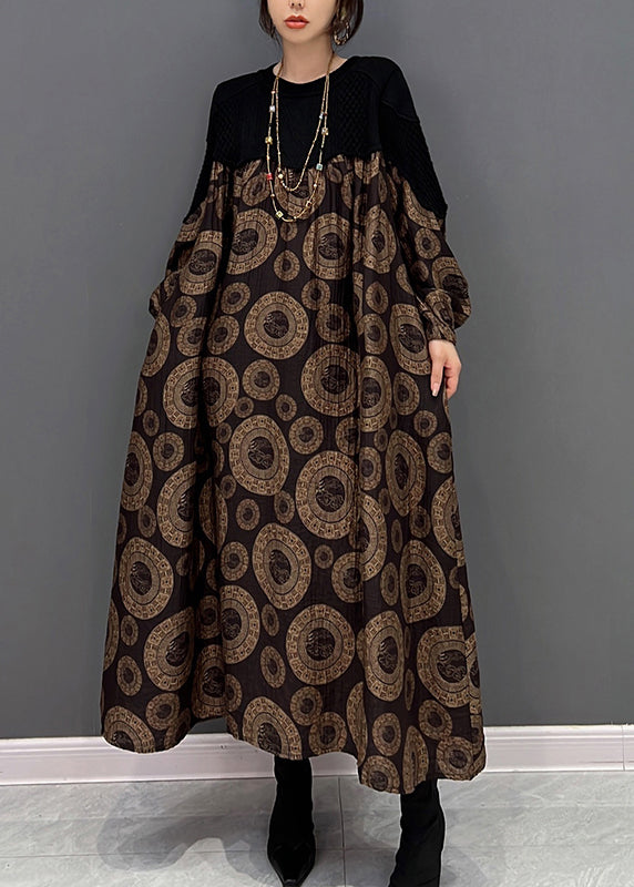 Loose Brown O-neck Patchwork Dot Print Maxi Dress Fall