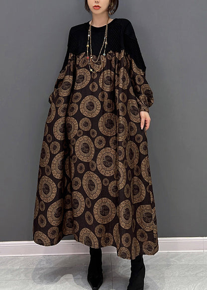 Loose Brown O-neck Patchwork Dot Print Maxi Dress Fall