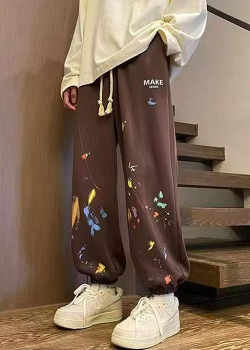 Loose Brown Pockets Elastic Waist Warm Fleece Pants Spring