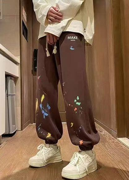 Loose Brown Pockets Elastic Waist Warm Fleece Pants Spring