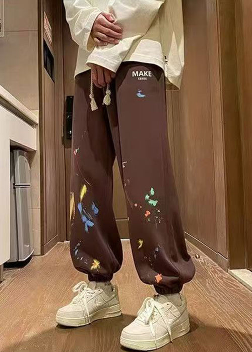 Loose Brown Pockets Elastic Waist Warm Fleece Pants Spring