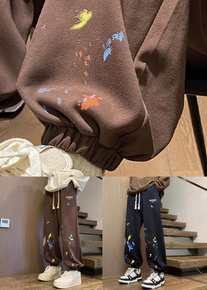 Loose Brown Pockets Elastic Waist Warm Fleece Pants Spring