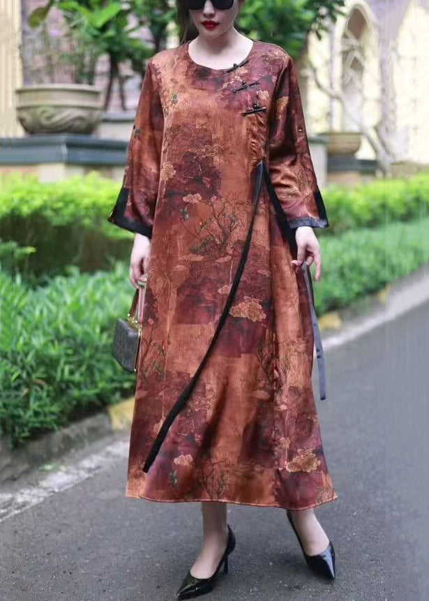 Loose Brown Print Lace Up Silk Long Dresses Spring