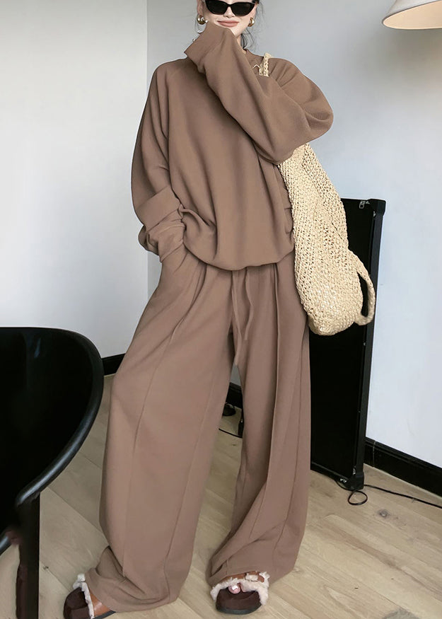 Loose Brown Top and Wide Leg Pants Two Piece Set Spring
