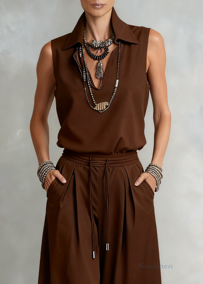 Loose Brown V Neck Elastic Waist Tops and Wide Leg Pants Cotton Two Piece Set Sleeveless