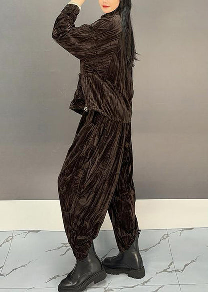 Loose Brown Zippered Tops and Crop Pants Silk Velvet Two Pieces Set Spring