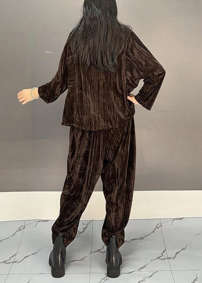 Loose Brown Zippered Tops and Crop Pants Silk Velvet Two Pieces Set Spring