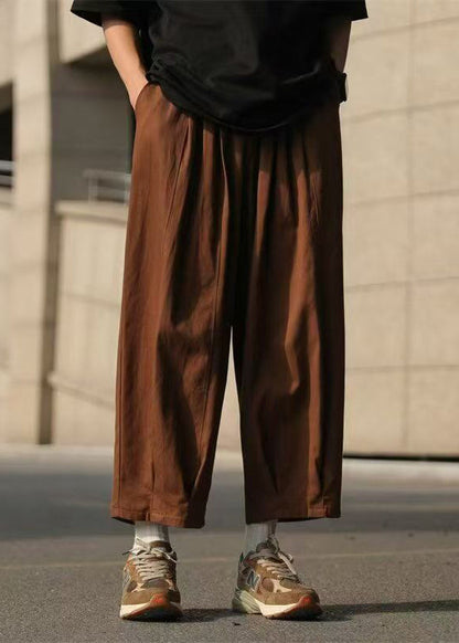 Loose Chocolate Elastic Waist Cotton Crop Pants Summer
