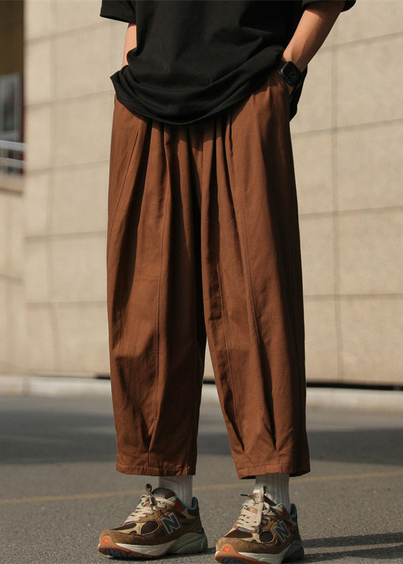 Loose Chocolate Elastic Waist Cotton Crop Pants Summer
