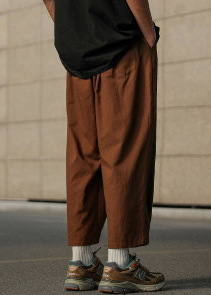 Loose Chocolate Elastic Waist Cotton Crop Pants Summer