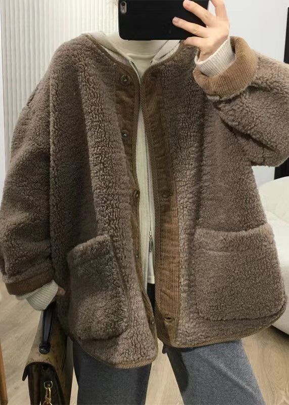 Loose Coffee Button Pockets Teddy Faux Fur Coats Fall