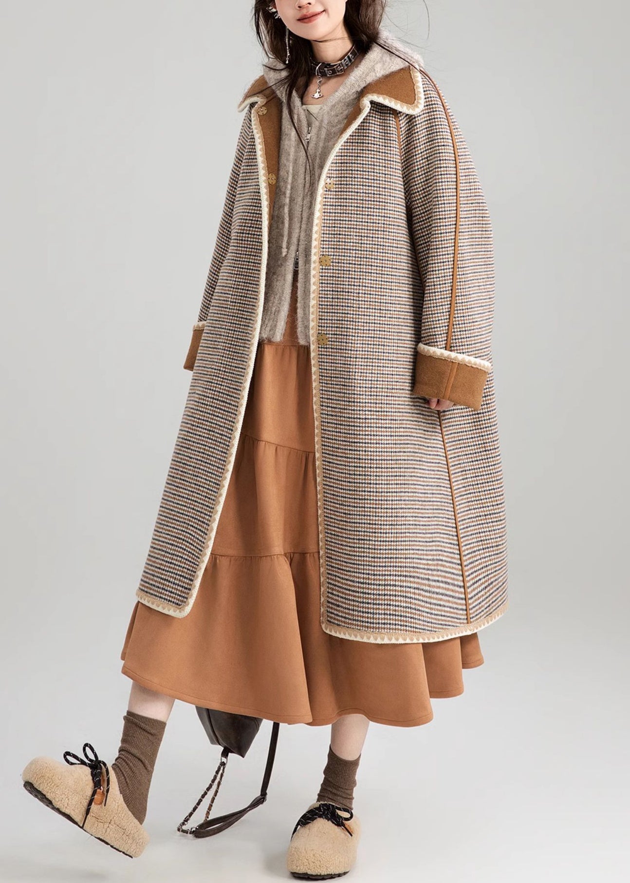 Loose Coffee Button Wear on Both Sides Woolen Coats Spring