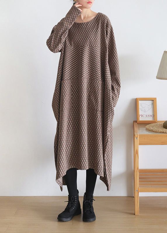 Loose Chocolate Colour O-neck Print Side Open Knit Cotton Maxi Dress Long Sleeve