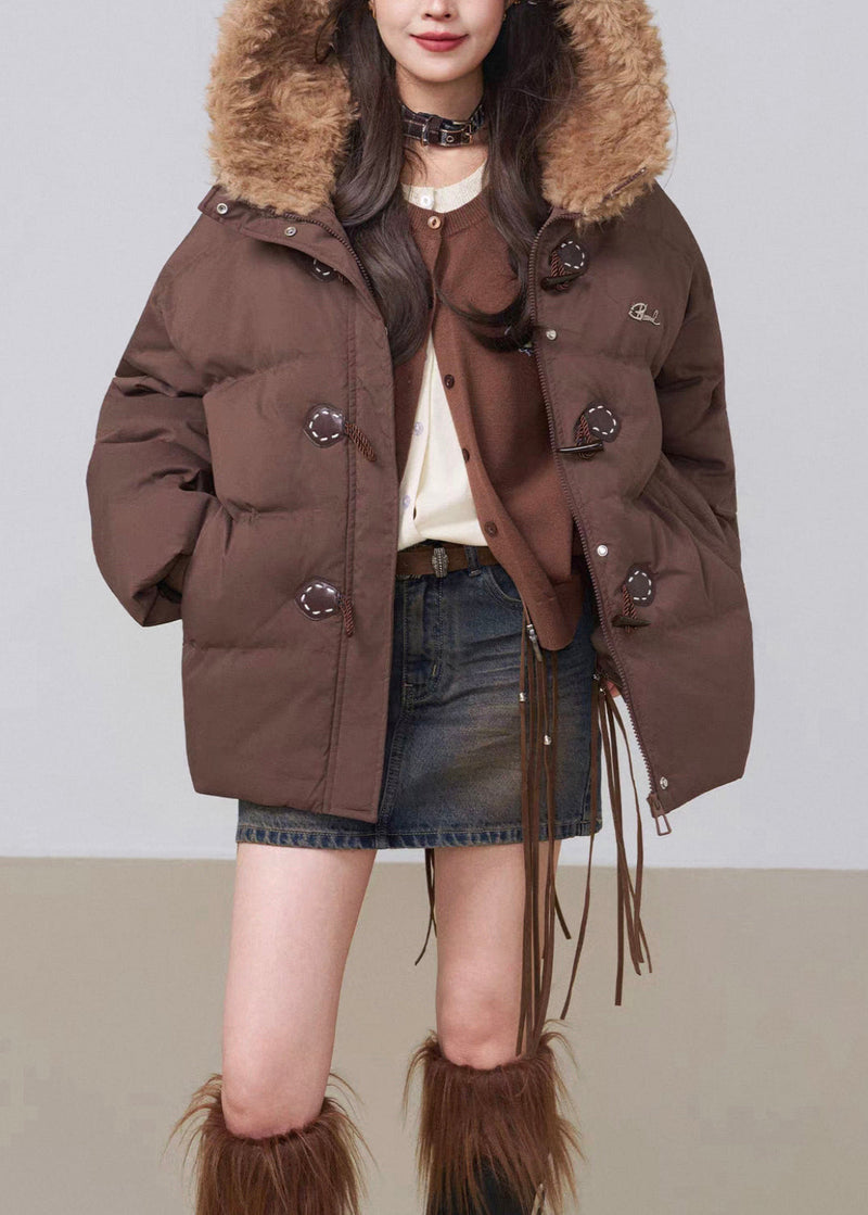 Loose Coffee Hooded Drawstring Patchwork Cotton Filled Parka Winter