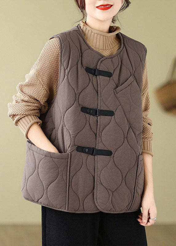 Loose Coffee O-neck Button Pockets Parka Winter