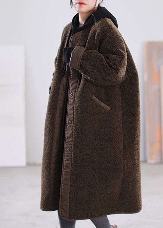 Loose Chocolate O-neck Patchwork Button Pockets Faux Fur Coats Long Sleeve