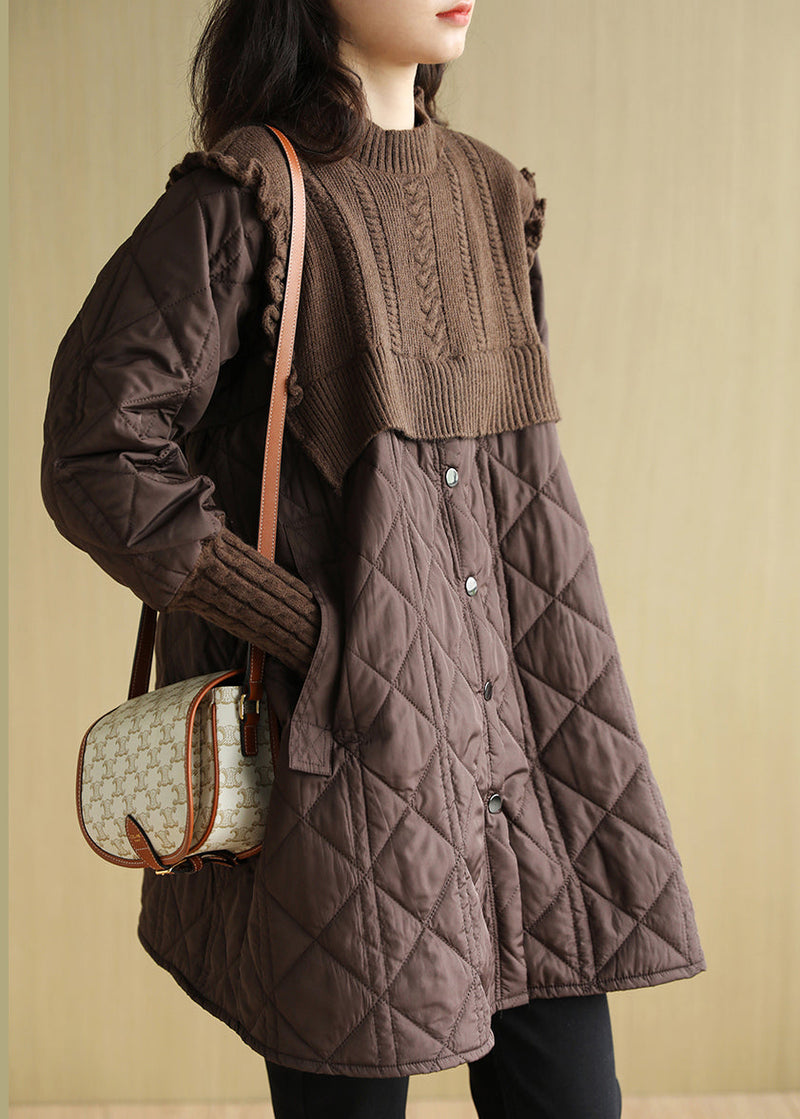 Loose Chocolate O-neck Pockets Button Patchwork Knit Cotton Winter Coats Long Sleeve