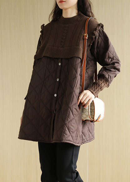 Loose Chocolate O-neck Pockets Button Patchwork Knit Cotton Winter Coats Long Sleeve