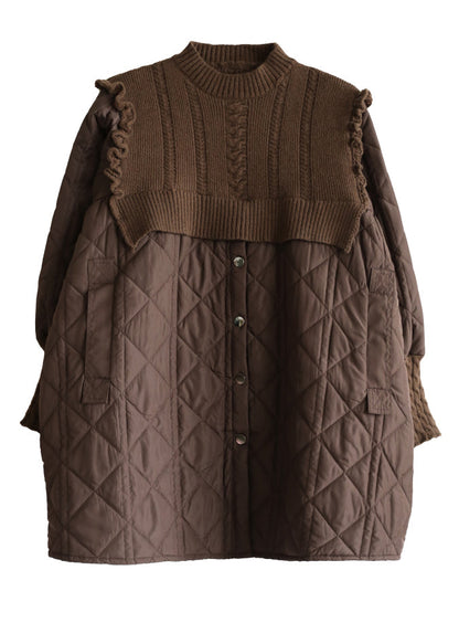 Loose Chocolate O-neck Pockets Button Patchwork Knit Cotton Winter Coats Long Sleeve