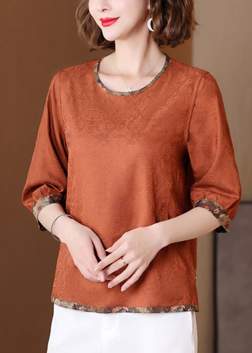 Loose Coffee O Neck Print Wear on Both Sides Silk Shirts Summer