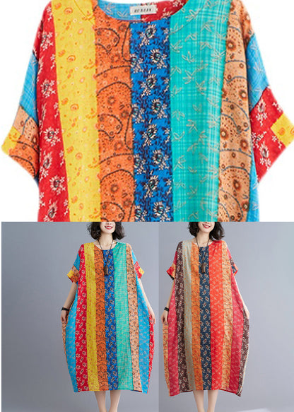 Loose Chocolate Orange O-neck Print Beach Dresses Short Sleeve