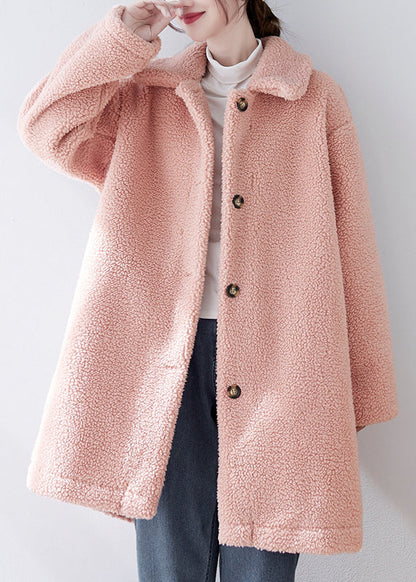 Loose Coffee Peter Pan Collar Pockets Button Faux Fur Coat Fall