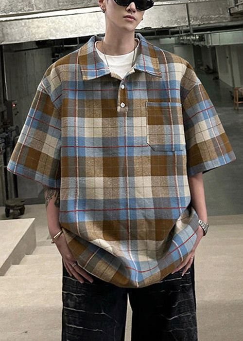 Loose Coffee Plaid Button Cotton Pullover Shirts Half Sleeve