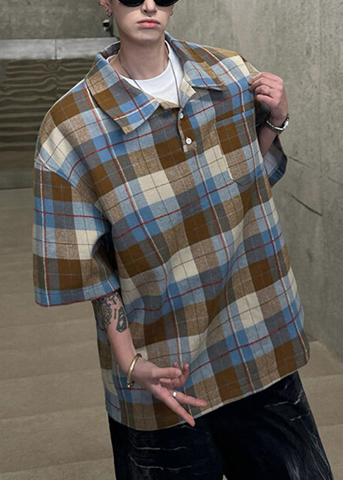Loose Coffee Plaid Button Cotton Pullover Shirts Half Sleeve