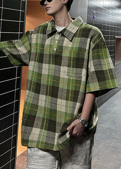 Loose Coffee Plaid Button Cotton Pullover Shirts Half Sleeve