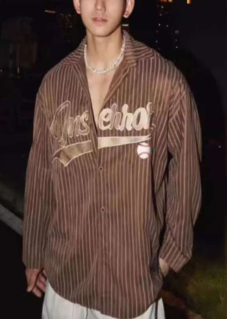 Loose Coffee Striped Letter Cotton Shirts Spring